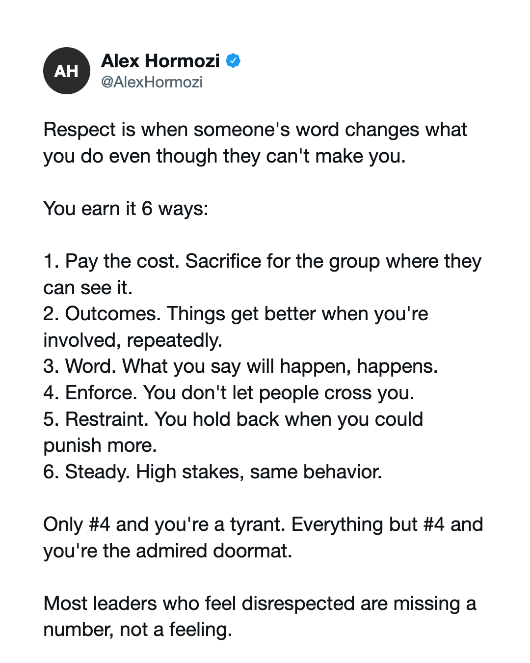 White image in the style of a post on X with the six behaviors of respect as a numbered list.
