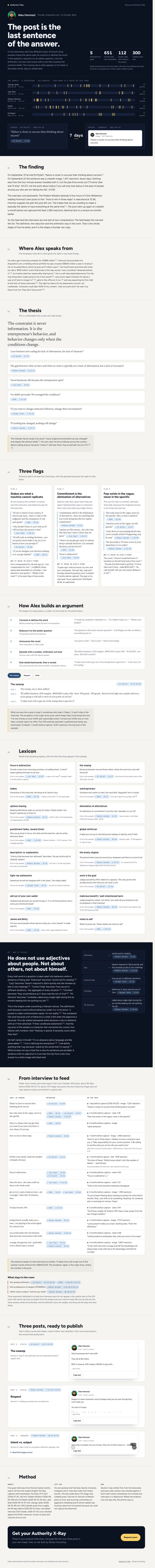 The Alex Hormozi X-Ray page, scrolling through its sections