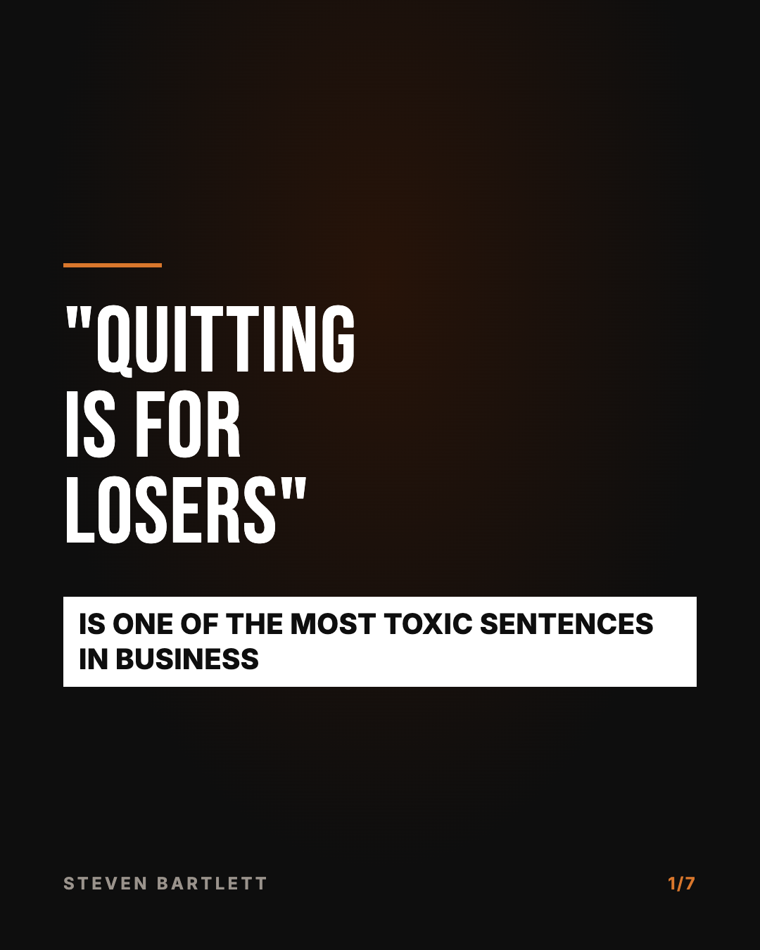 Seven black pages, condensed capitals, one step of the quitting framework per page. Page 1 of 7.