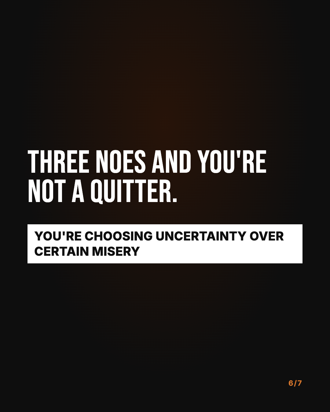 Seven black pages, condensed capitals, one step of the quitting framework per page. Page 6 of 7.